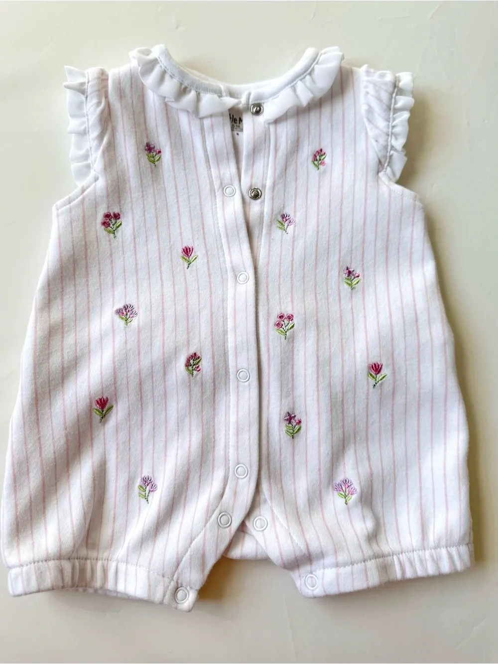 Little Me Pink & White Striped Floral Embroidered One-Piece